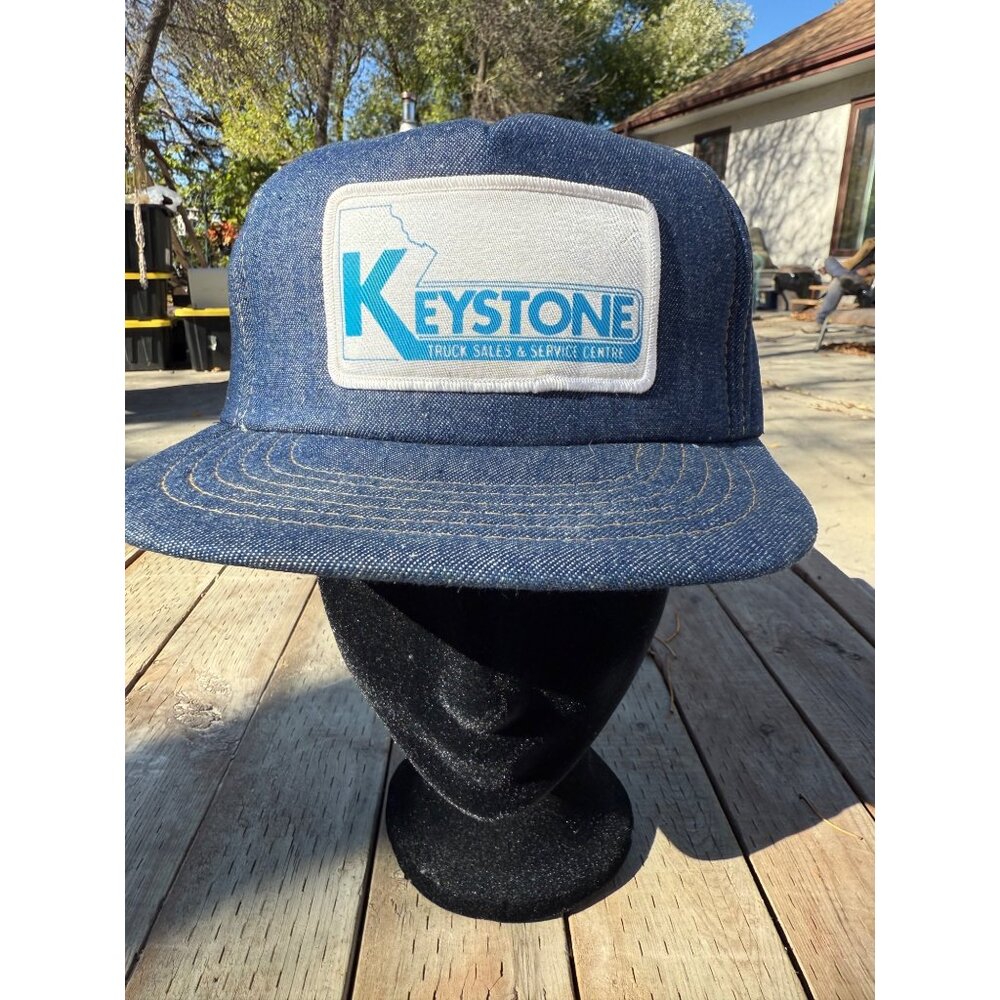 80s Vintage Trucker Cap Hat Snapback KEYSTONE Kayjet Chambray Blue Collar Korea